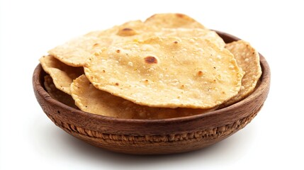 A wooden bowl filled with freshly baked, golden brown flatbreads.