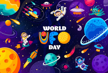 World ufo day banner with flying saucers and funny alien characters in outer space. Cartoon vector greeting card with kid astronauts, rockets and extraterrestrial personages,floating in far galaxy © Vector Tradition