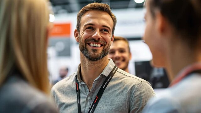 A businessman with a warm smile and open posture engages in conversation at a trade show, contributing to the event&rsquo;s welcoming and energetic atmosphere.
