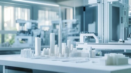 A futuristic AI powered 3D scanning and printing lab creating precise architectural models for smart city development, Architectural technology style, photo of