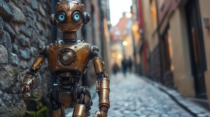 A brass and copper mechanical automaton walking through a cobblestone street