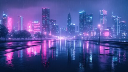 A stylized, retro-futuristic cityscape with pink and blue neon reflections on wet streets