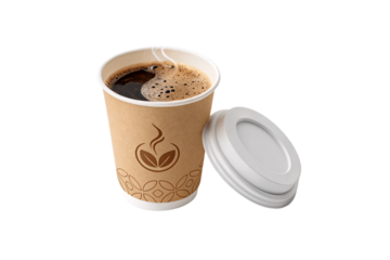 Eco-style coffee cup with coffee leaf pattern, white plastic lid placed next to it. Steam rises gently from the deep, rich brew inside, isolated on a transparent background