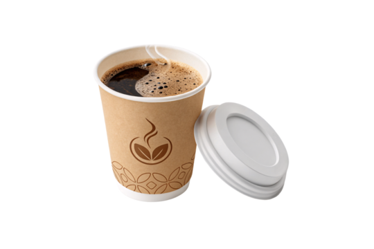 Eco-style coffee cup with coffee leaf pattern, white plastic lid placed next to it. Steam rises gently from the deep, rich brew inside, isolated on a transparent background