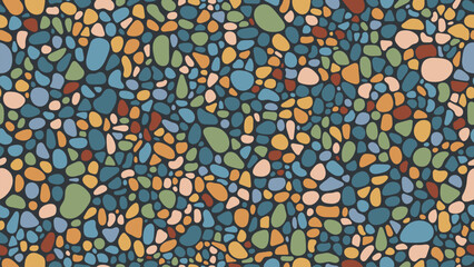 Mosaic gravel and pebble stone seamless pattern color paving background. Vector street cobblestone, garden sidewalk tile with colorful paving rocks or gravel for wallpaper, patio and outdoor space