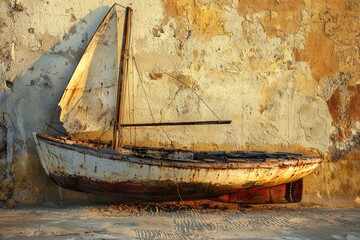 An old, weathered sailboat rests against a cracked wall in warm golden light.