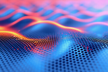 Obraz premium A futuristic abstract pattern with orange glowing lines forming a hexagonal mesh on a blue surface. Perfect for tech and digital design visuals.