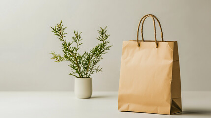 mockup of craft bag on table next to flower in pot