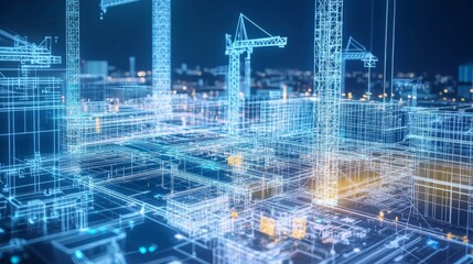 Fototapeta premium A futuristic AI powered construction planning system optimizing material usage and labor scheduling for large scale building projects, Construction tech style, photo of