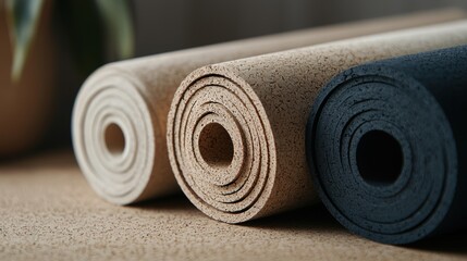 Three rolled-up yoga mats in beige, brown, and black.