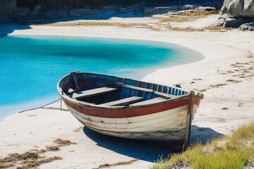 Obraz premium Abandoned fishing boat rests on sandy beach by turquoise water in a secluded cove during bright daylight