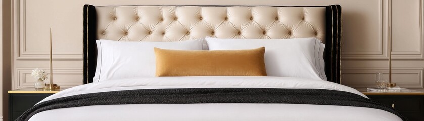 Glamorous hotel bed with an oversized tufted headboard, gold-and-black decor, and vintage charm
