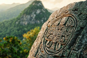 Ancient stone carving with intricate symbols, set against a backdrop of lush green mountains and a bright sky.