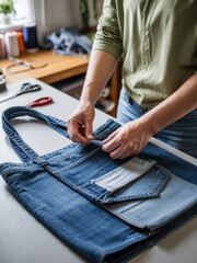Crafting a recycled denim tote bag at a home workspace with sewing supplies and tools