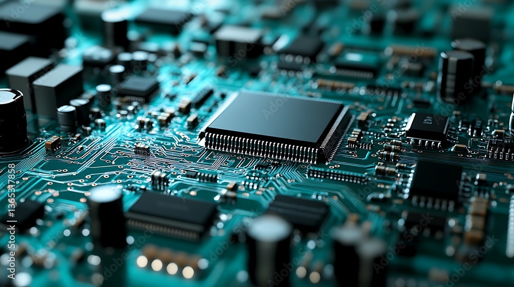 Poster close-up view of a modern circuit board showcasing intricate electronic components