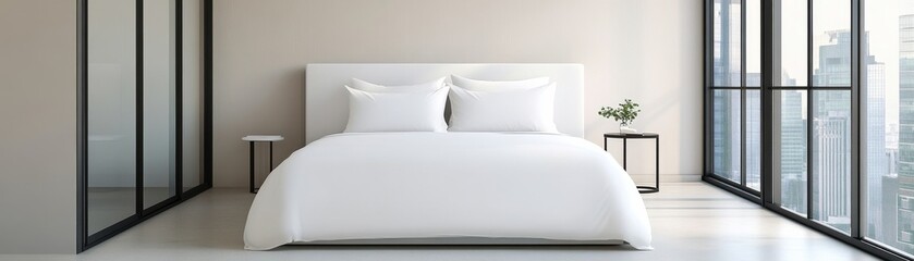 Fototapeta premium Minimalist urban luxury bedroom with a crisp white bed, open-concept glass walls, and industrial elegance
