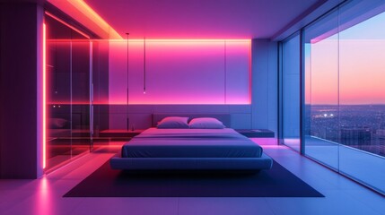 Ultra-modern penthouse suite with a sleek bed, glass walls, and futuristic mood lighting