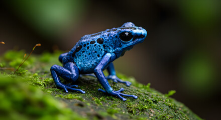 Fototapeta premium Vibrant blue poison dart frog resting on mossy rock in the amazon rainforest