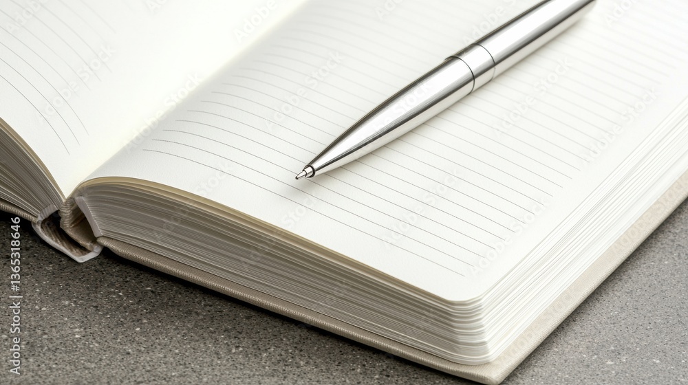 Poster open notebook with pen resting on the pages.