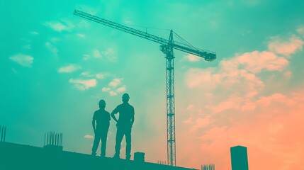 Construction Workers Overseeing a Project Under a Beautiful Sky with a Crane in the Background