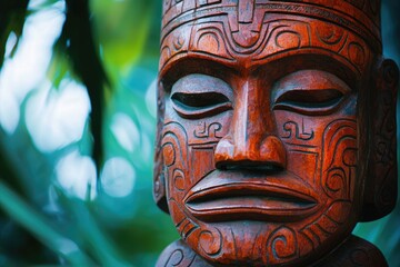 Fototapeta premium Close-up of a detailed, intricately carved wooden tiki mask with a solemn expression, set against a blurred, natural green background.