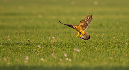 Majestic kestrel soars gracefully above grassy field in search of its next meal
