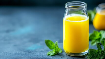Refreshing citrus drink in a glass jar with mint leaves on a textured surface at a cozy kitchen setting