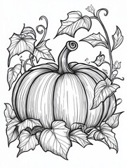 Autumnal Pumpkin Illustration: An artistic illustration of a ripe pumpkin, nestled amidst elegant foliage, evoking the spirit of autumn and harvest time.