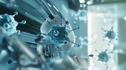 Fototapeta premium A futuristic AI powered nanobot lab with microscopic robots repairing cellular damage in a sterile high tech environment, Biomedical technology style, photo of