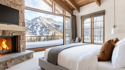 Obraz premium Luxury ski resort suite with a grand bed, stone fireplace, and snowy mountain peaks visible outside