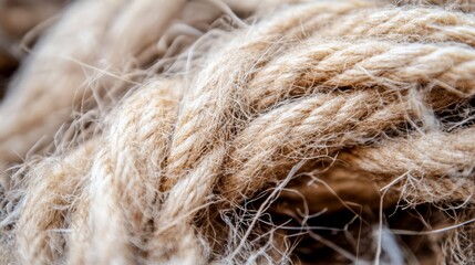 Fototapeta premium Close view of intertwined natural fiber rope showcasing texture and detail in a workshop setting during daylight hours
