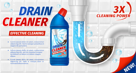 Clog drain pipe cleaner, bathroom sink detergent vector ads poster. Cleanser bottle near clogged basin siphon on bathroom tiles background. Realistic 3d package promo mockup for brand advertising