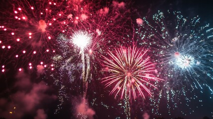 Vibrant fireworks display illuminating the night sky. The colorful bursts create a mesmerizing spectacle