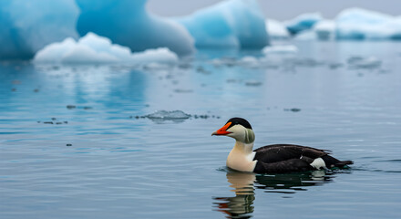 Obraz premium Majestic king eider duck swimming gracefully in the Arctic sea waterscape