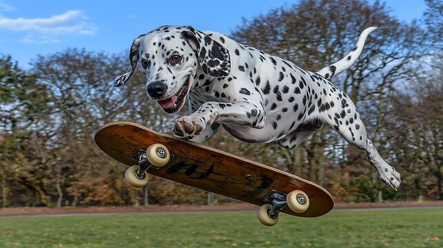 Dalmatian dog skateboarding mid-air
