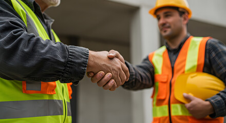 Close up of construction workers handshake