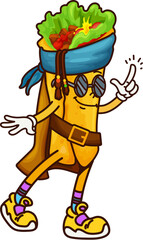 Cartoon groovy burrito fast food pirate and corsair character. Isolated vector swashbuckling freebooter roll, tex mex Mexican food personage ready to conquer the high seas with a retro y2k spirit