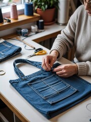 Crafting a stylish denim tote bag from recycled materials in a cozy workspace during daylight hours