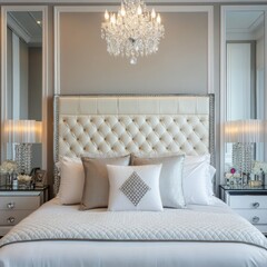 Ultra-glam hotel bedroom with a mirrored headboard, diamond-studded decor, and crystal chandeliers