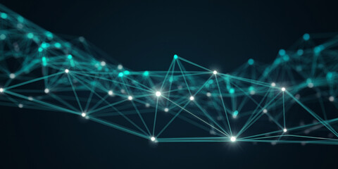 Fototapeta premium Abstract teal network, glowing nodes connected by lines on dark background, representing digital connection, technology, or data flow, ideal for tech or science concepts