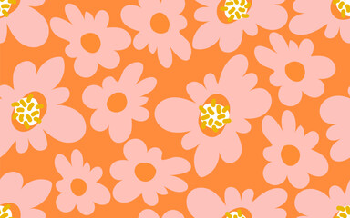 Trendy Minimalistic orange background with vintage groovy flower. Retro floral vector wallpaper surface design, textile, stationery, wrapping paper, cover. 60s, 70s, 80s style. Organic shapes backdrop