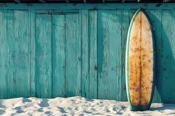 Surfboard leaning against a turquoise wooden wall on a sandy beach, perfect for summer vibes and beach relaxation.