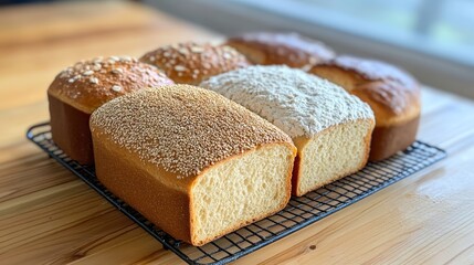 Freshly baked bread loaves cooling on a wire rack in a cozy kitchen setting during daylight hours