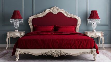 Royal-style bedroom with an ornate bed frame, crystal lamps, and deep red bedding
