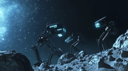 A futuristic AI powered space mining operation on an asteroid, with robotic drills extracting minerals under a starlit sky, Space industry style