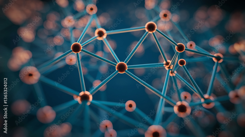 Poster abstract image of interconnected spheres and lines, creating a complex network structure symbolizing