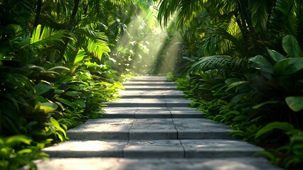 A tranquil pathway lined with lush greenery, sunlight streaming through the trees, creating an inviting and serene atmosphere. Concept Tranquil Pathway, Lush Greenery, Sunlight Filtering