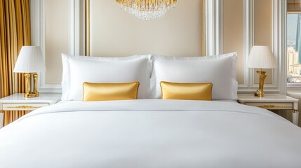 Presidential suite bed with Egyptian cotton sheets, gold-trimmed pillows, and a grand chandelier