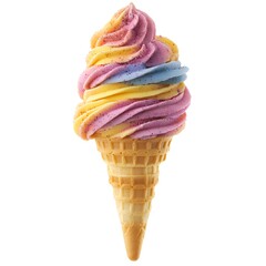 A delicious swirl of pink, yellow, and blue soft serve ice cream in a crispy waffle cone.