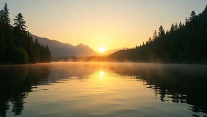 Fototapeta premium Serene sunrise lake mist golden hour calm